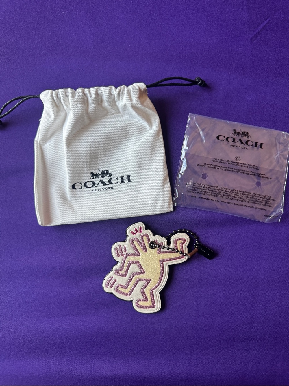 COACH x Keith Haring Leather Dancing Dog Charm with Pink Glitter Accents NWT